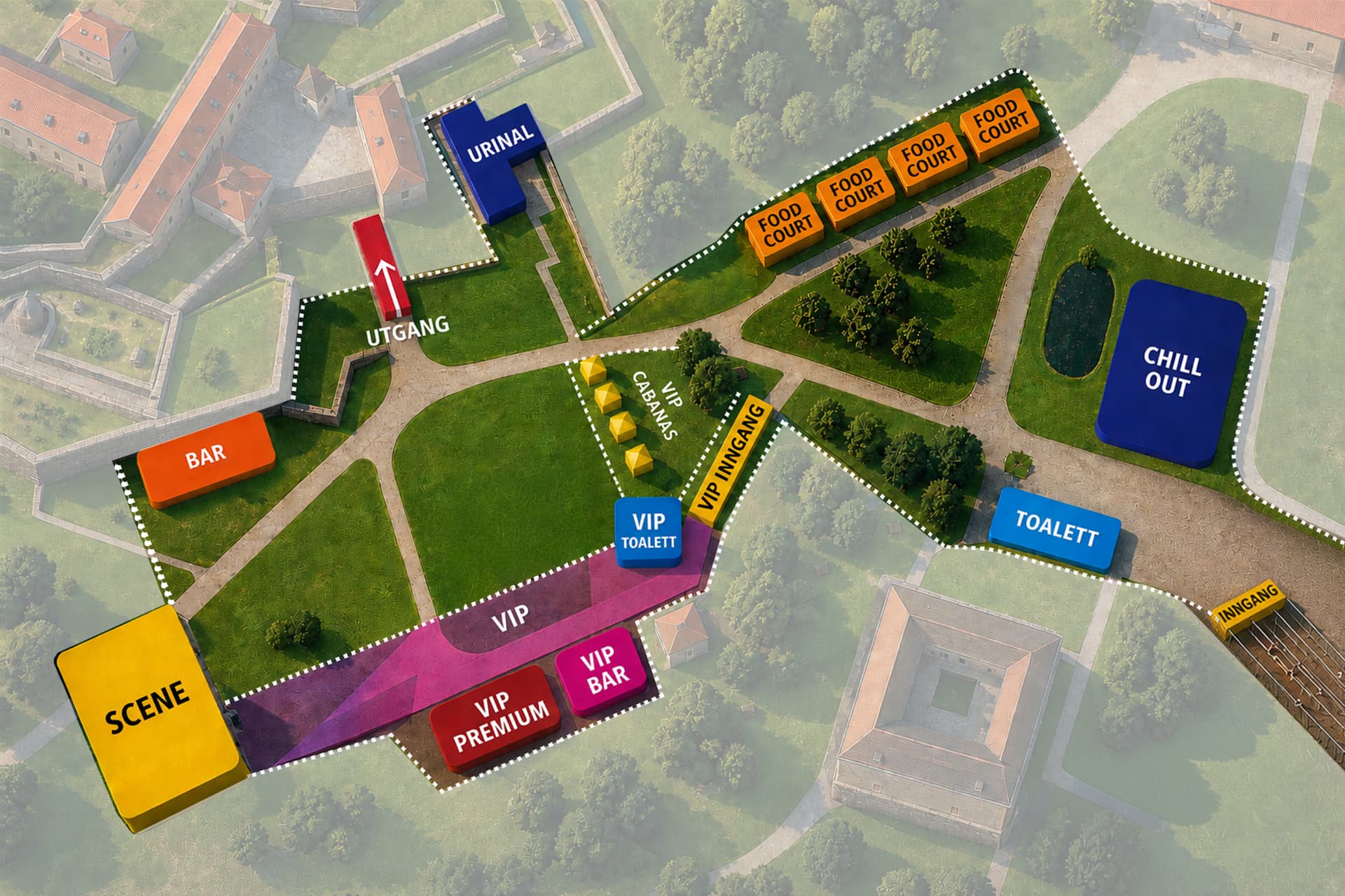 Festivalkart over Oppå Borgen på Fredriksten festning med scene, barer, food court, VIP-område, toaletter og chill out